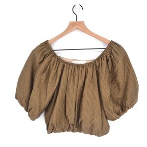 Oak + Fort Textured Puff Sleeve Crop Top Off The Shoulder Brown Women's S